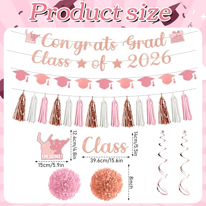 Rakuto Pink Graduation Decorations 2026, 32PCS Congrats Grad Class of 2026 Glitter Banners with Hanging Swirls Party Decorations, Congratulations Grad Paper Pom Poms and Tassel Garland Decor