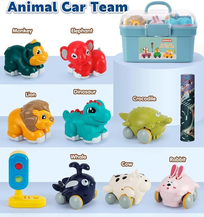 Kiddiworld Animal Car Toys for 1 Year Old Boy Gifts: Mini Trucks with Playmat/Storage Box for Toddler Age 1-2, 1st One First Christmas Birthday Gift for Infant Baby 12-18 Months