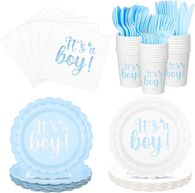 Qinyoung 218 Pcs Baby Shower Plates and Napkin Set Serve 24 Baby Boy Shower Decorations Set Includes Blue Boy Paper Plates Napkins Cups Cutlery for Gender Reveal Birthday Party