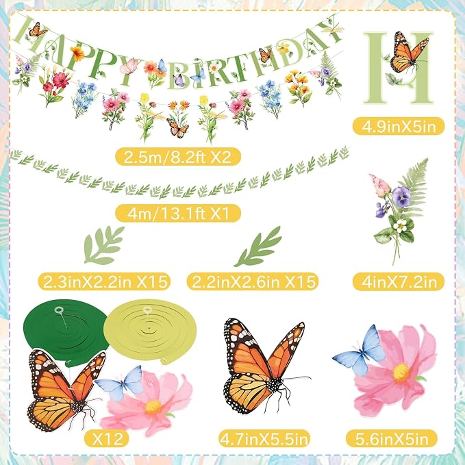 Flower Birthday Decorations, Garden Wildflower Party Decorations with Pre-strung Banners, Flower Themed Hanging Swirls, Birthday Decorations for Women Girl