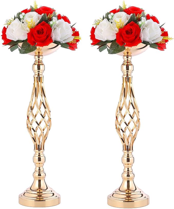 Gold Wedding Vases for Table Centerpieces - 2pcs of Twist Candleholder Stands, Elegant Floral Arrangement Vases, Metal Centerpieces for Reception Table Wedding Road-Leading Home Decor
