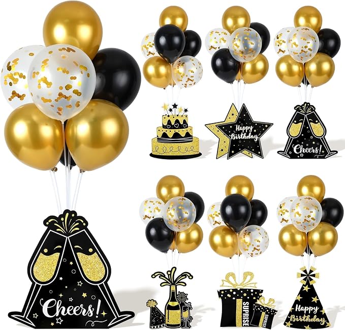 6 Sets Birthday Balloon Stand Kit for Table Happy Birthday Black Gold Balloon Centerpiece Decor Black and Gold Balloon Stand Kit for 40th 50th 60th 70th Birthday Party Decoration