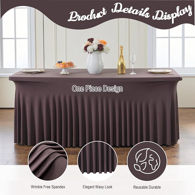 leegleri 2 Pack Brown Spandex Fitted Tablecloths for 6 Foot Rectangle Tables, Brown Stretch Table Cloth with Table Skirt, Wrinkle Free Spandex Table Covers 6ft for Parties, Weddings, Trade Shows