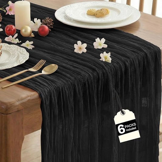 IVAPUPU 6 Pcs Cheesecloth Table Runner - 10ft Black Spring Boho Gauze Black Cheese Cloth Table Runners for Indoor Baby Shower Decorations Wedding Party Garden Decor