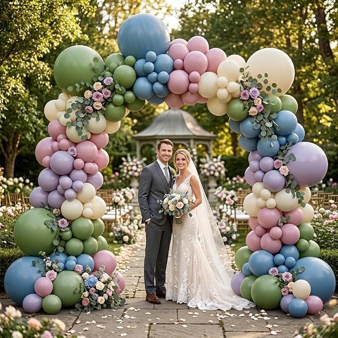Blue Green Pink Balloon Garland Double Stuffed Sage Green Dusty Blue Pink Purple Lavender Balloons Pastel Balloon Arch Kit for Birthday Baby Shower Gender Reveal Flower Tea Party Decorations