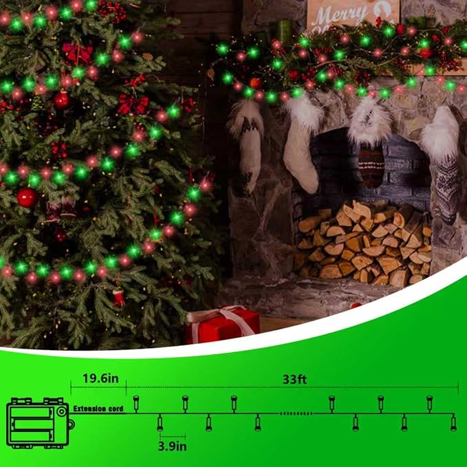 YEGUO Battery Operated String Lights, 2 Pack Each 33ft 100 LED Twinkle Fairy Lights Outdoor Waterproof, 8 Modes Clear Wire Red and Green Christmas Lights Indoor with Remote