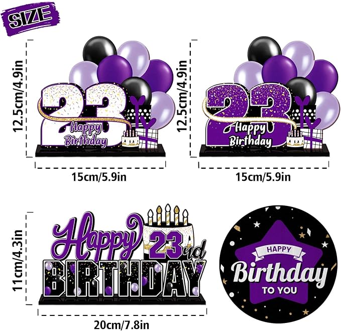 LINGTEER Happy 23rd Birthday Purple Acrylic Table Topper Centerpieces Set - Cheers to 23 Years Old Birthday 23rd Bday Party Gift Decorations.