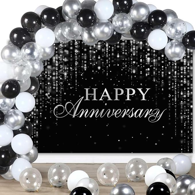Happy Anniversary Backdrop Black Silver Anniversary Banner Cheers to Marriage Wedding Party Decorations Glitter Flowing Drapes Photography Background Photo Booth Props 8x6ft