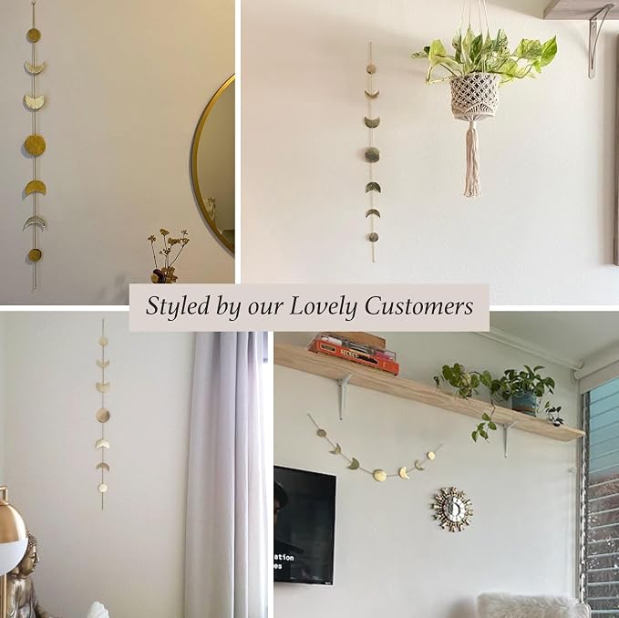 BASE ROOTS Moon Phase Wall Decor, Celestial Décor, Moon Décor & Boho Wall Décor, Gold Wall Art for Bedroom & Living Room, Bohemian Wall Decor, Handmade Hammered Metal 36" 7 Phases Moon Wall Decor, Gift for Women & Kids