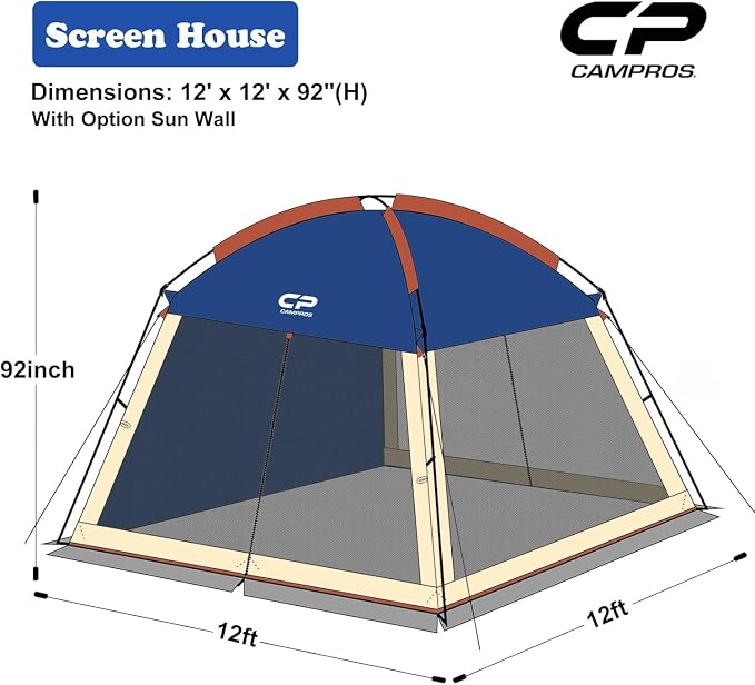 CAMPROS CP Screen House Room with 1 Pc Removal Wind/Sun Panel Canopy Tent Camping Tent Screen Shelter Gazebos for Patios Outdoor Camping Activities, 12'X12'X92in(H) - Blue