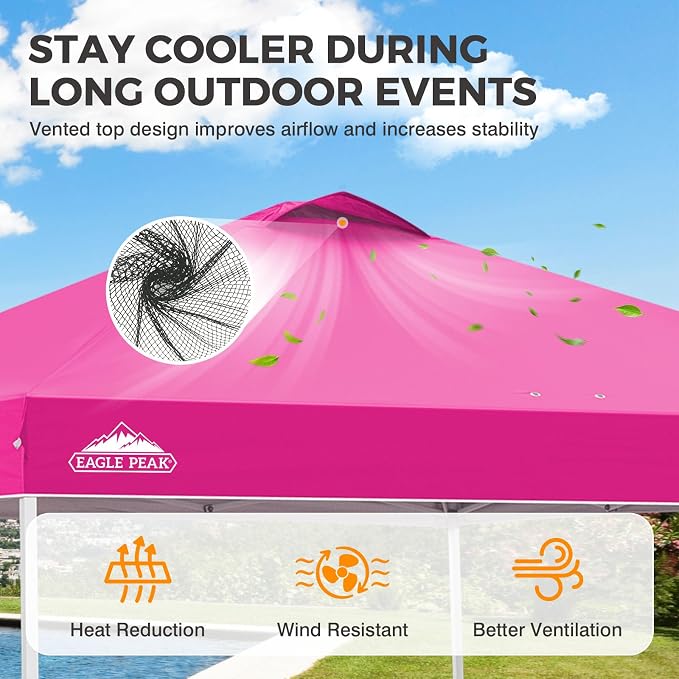 EAGLE PEAK Pop Up Canopy Tent with Wheeled Carry Bag, 8 Stakes, 4 Ropes, 4 Weight Bags, Easy Set Up Tent Canopy, 10x10 ft, 100sqft of Shade, Pink