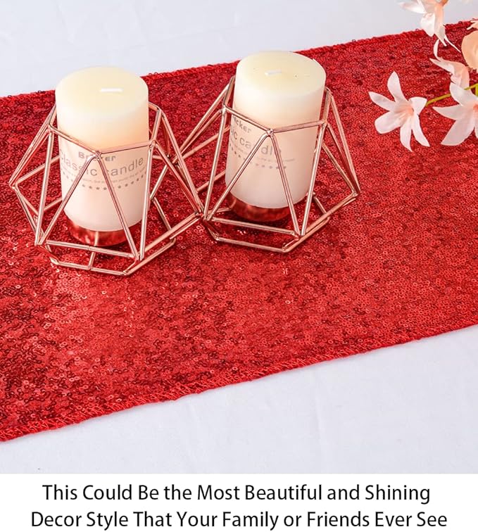 ShinyBeauty Red Table Runners Pack of 15 Sequin Table Runners 12x108-Inch Glitter Sequin Fabric Table Cloth Runner Sequence Table Runners Birthday Party Baby Shower Decorations