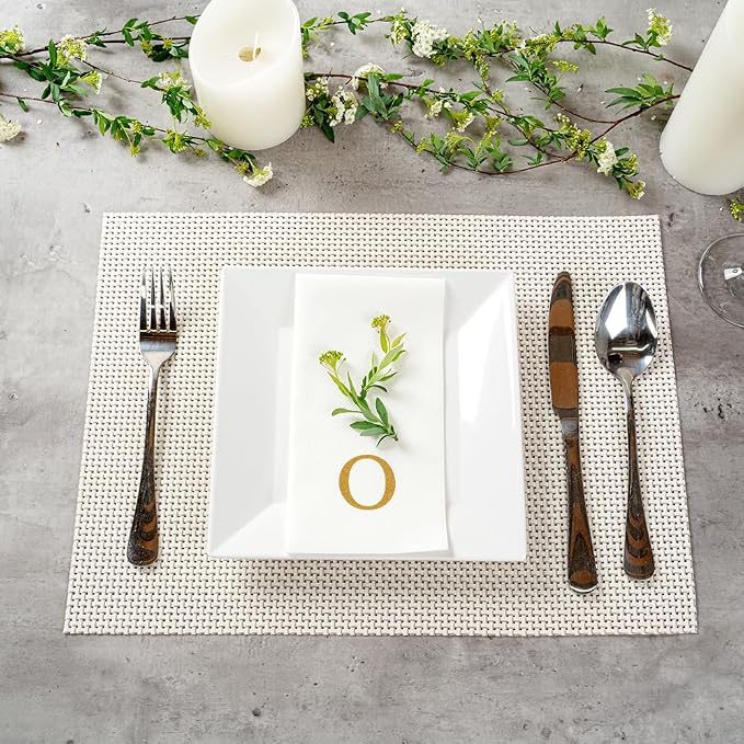 Luxenap 15.8 X 7.9 Inch Linen-Feel Guest Towels, 50 Lettered Hand Towels - Gold Letter 'O', Sans Serif Font, White Paper Dinner Napkins, airlaid, For Restrooms And Tables