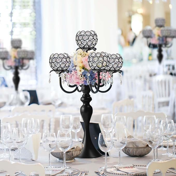 Crystal Tea Light Candle Holders Set - 14" L x 22.5" H Matte Black Metal & Sparkling Accents, Wedding & Party Centerpiece Decor(2, Black)