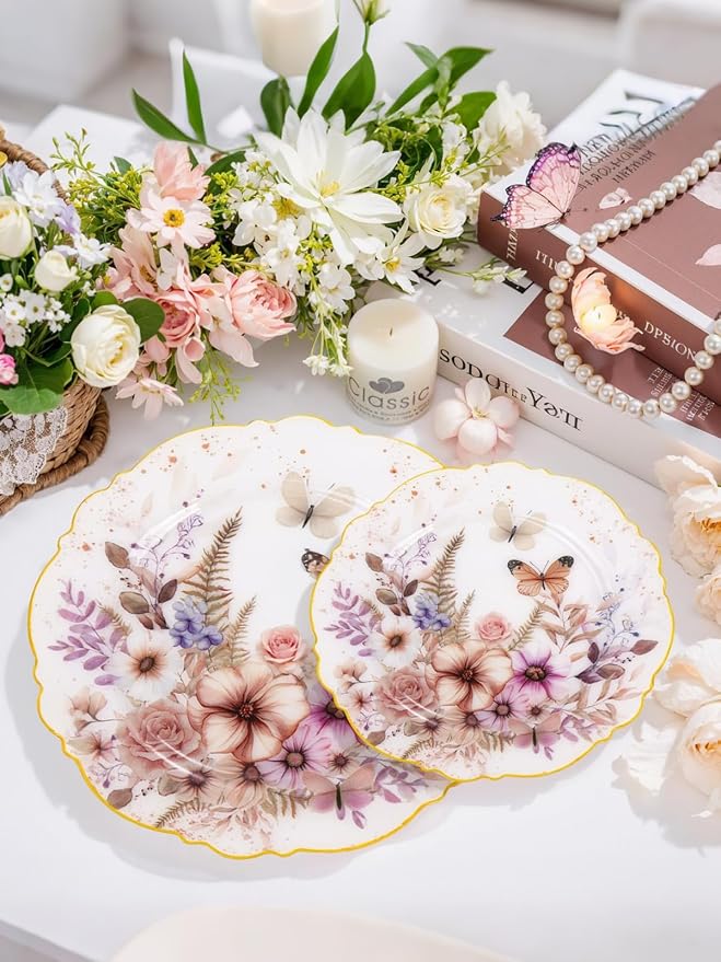 WDF 20Pack Spring Plates Flower- Baroque Fancy Butterfly Plates Disposable - 10’’ and 7’’ Floral plastic tableware Decoration Suitable for Spring Garden Party/Tea Party/Birthday