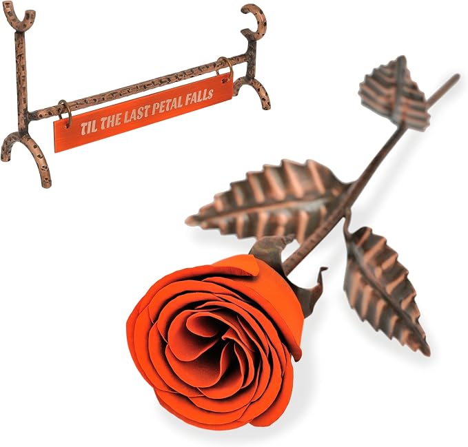 Copper Rose with Orange Bud & Engraved Bronze Plate – 8th & 19th, Personalized Metal Rose, Unique Romantic Gift, Statement Home Decor