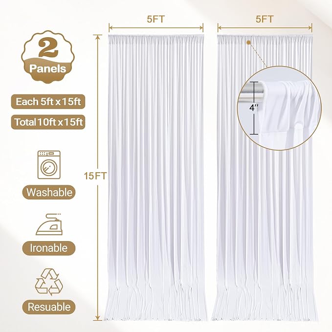 10ft x 15ft White Backdrop Curtain Panels for Weddings - Wrinkle-Free Polyester Photo Drapes for Birthday Parties, Photography Background, Stage Decor