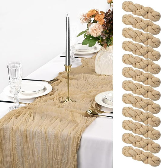 12 Pack Light Brown Cheesecloth Table Runner, 10FT Long Romantic Semi Sheer Cheesecloth Rustic Boho Table Runner for Wedding Baby Shower Birthday Bridal Party Decorations(21.5×120 Inch)