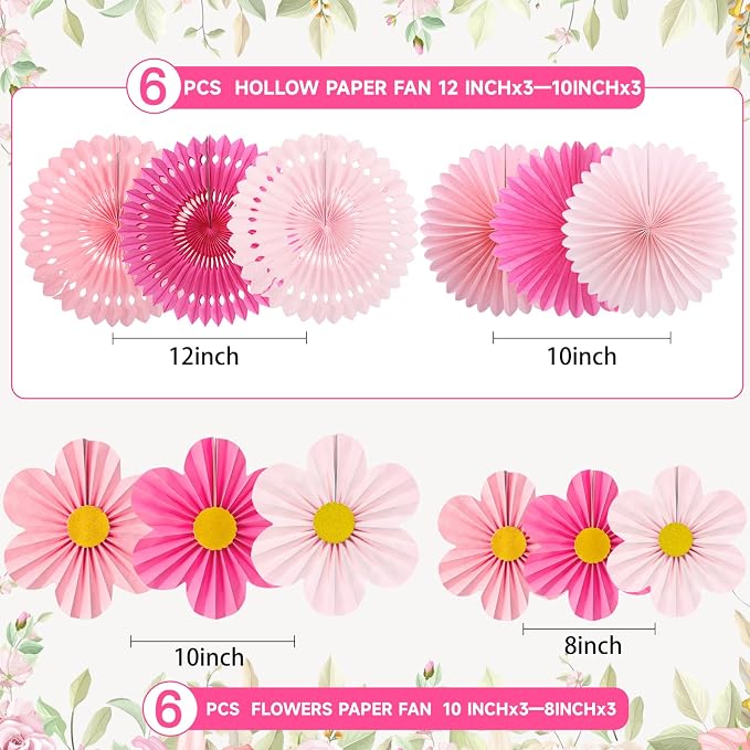 Pink Party Decorations, 12PCS Paper Fans Flowers Wall Backdrop for Wedding, Birthday, Baby Shower, Bridal Shower, Nursery, Indoor Outdoor Classroom Decor