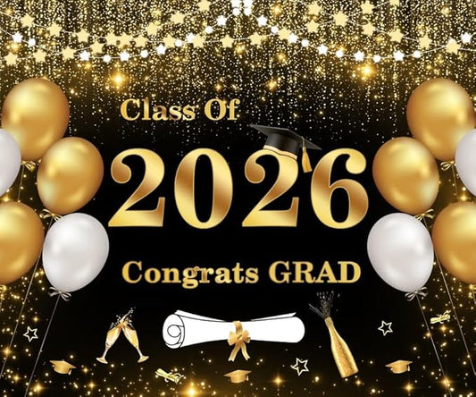 DASHAN 10x8ft Class of 2026 Graduation Backdrop Black Gold Congrats Grad Backdrop for Photography Graduation Ceremony Party Decorations with Balloons Cake Table Banner Decor Photo Booth Props