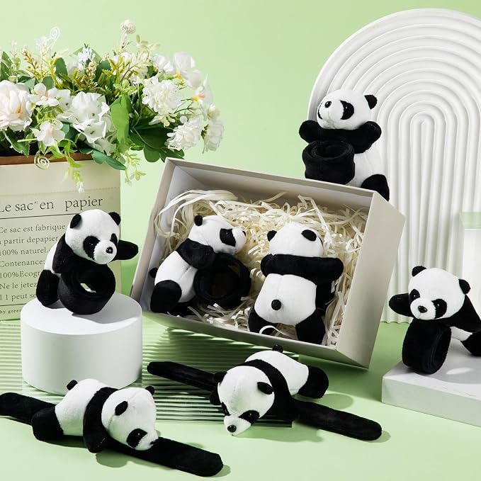 Lenwen 8 Pcs Panda Stuffed Animals Slap Bracelets for Kids Plush Animal Slap Snap Bracelets Bulk Panda Wrist Bands Adopt an Animal Party Favors School Students Gifts for Boys Girls Classroom Prizes