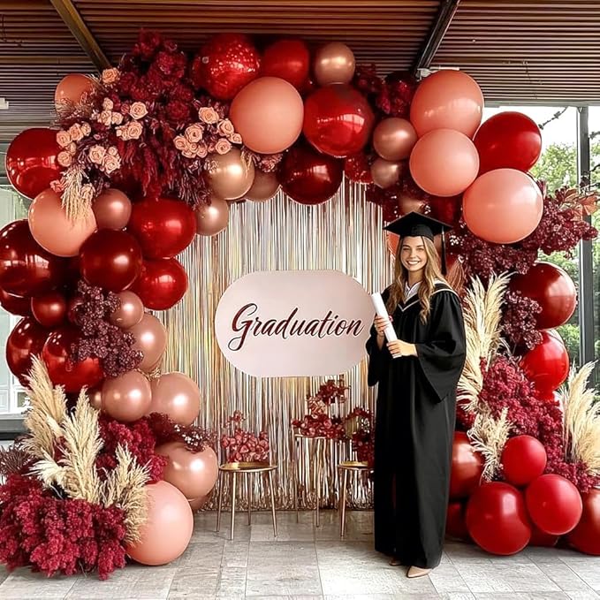 Red Pink Balloon Garland Double Stuffed Burgundy Pink Balloons Dark Red Maroon Rose Gold Balloon Arch Kit for Birthday Bridal Wedding Birthday Mother's Day Graduation Party Decoration
