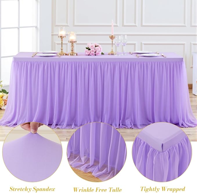 2 Pack Lavender Table Cloth for 6 Foot Rectangle Tables, Stretch Fitted Tulle Table Covers Skirt, Rectangular Ruffle Tutu Tablecloth Wedding Banquet Baby Shower Cake Tablecloths Decorations