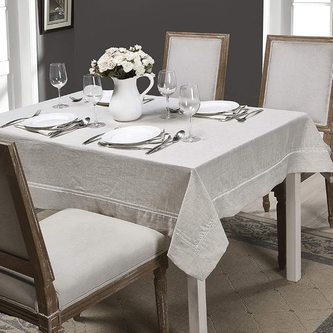 Simple&Opulence Premium 100% Linen Hemstitch Tablecloth-60 x 84 Inch Natural Linen, Natural Fabric, Rectangular Tablecloth for Indoor and Outdoor Use