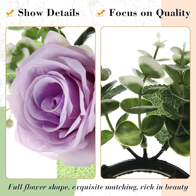 Yunlly 20 Pcs Rose Candle Rings with Flameless Candles Sets, Artificial Flower Eucalyptus Wedding Centerpiece 3 Inch Pillar Candleholders Wreaths for Wedding Party Mother's Day (Purple)
