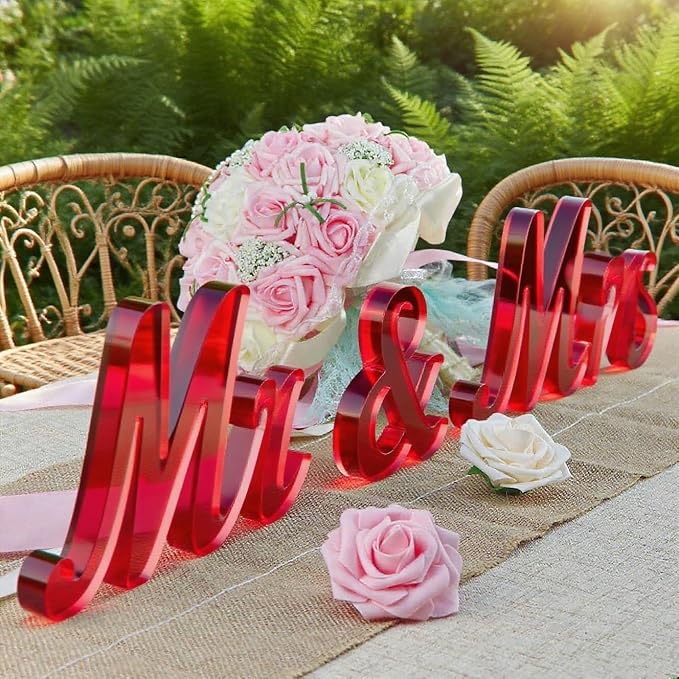 Mr & Mrs Sign for Wedding Table Decor,Large Acrylic Mr and Miss Sign,Photo Props, Freestanding Wedding Centerpiece Table Letters Wedding Decorations for Anniversary,Engagement,Party (Translucent Red, 0.78'')