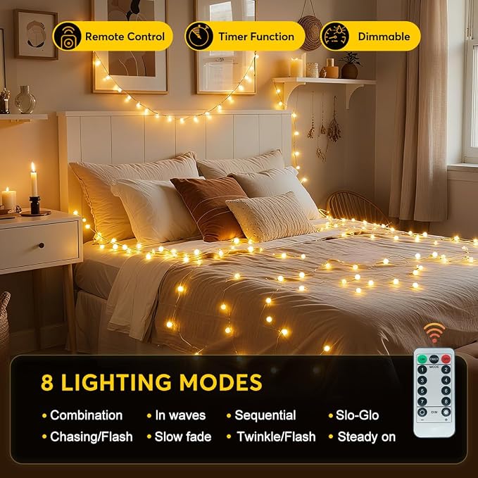 RaThun 65.6FT Globe String Lights, 150 LED Warm White Bulbs, 8 Modes Remote Timer Dimmer, IP44 Waterproof Plug in Fairy Lights for Indoor Outdoor Garden Wedding Bedroom Home Decor