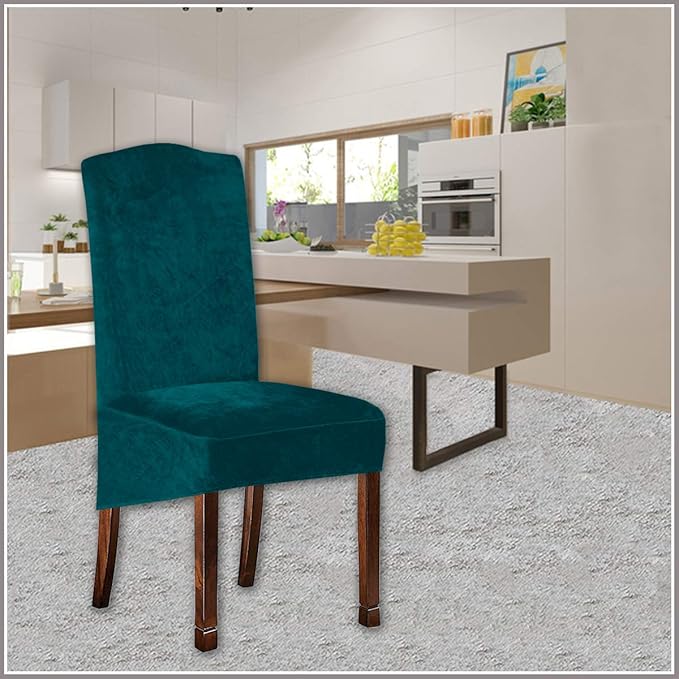Velvet Plush XL Dining Chair Covers, Stretch Chaircover, Spandex High Chairs Protector Covers Seat Slipcover with Elastic Band for Dining Room,Wedding, Ceremony, Banquet (Teal, Set of 2)
