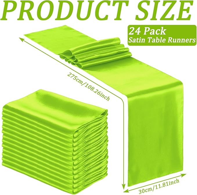 Bencailor 24 Pcs Bright Green Satin Table Runner Bulk 12 x 108 Inches Long Table Runners Bright Smooth Fabric Tablecloth for Wedding Banquet Birthday Spring Graduation Party Decorations