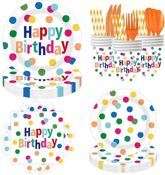 Happy Birthday Plates and Napkins Party Supplies Set,90Pcs Birthday Plates and Napkins Tableware Sets with Forks Cups,Disposable Colorful Birthday Party Decorations