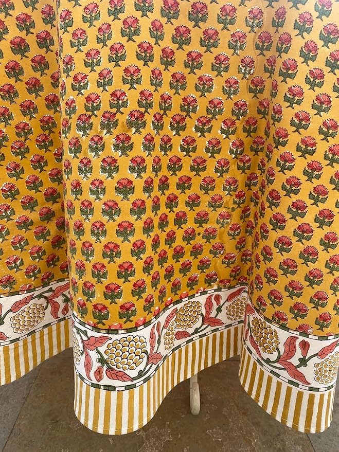 Ridhi Round Tablecloth Hand Block Print 100% Cotton Reusable Mustard Yellow 120 Inch Table Cover Decorative Everyday Use for Dining, Home, Party, Wedding, Farmhouse Gift for Spring, Mother's Day