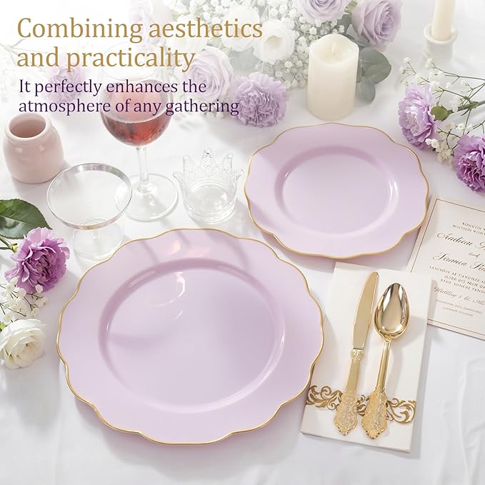 NOCCUR 175PCS Purple Plastic Plates with Gold Disposable Silverware - Include 50 Lavender and Gold Plastic Plates,25 Knives,25 Forks,25 Spoons,25 Cups and 25 Napkins - Mother's Day/Spring Party