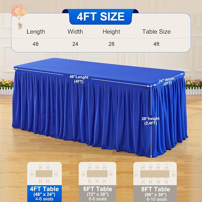 2 Packs Royal Blue Tableclothes for 4 Foot Rectangle Tables, Wrinkle Free Fitted Table Cloth 4ft Stretch Table Cover with Skirt for Parties Weddings Birthday Banquet Baby Shower