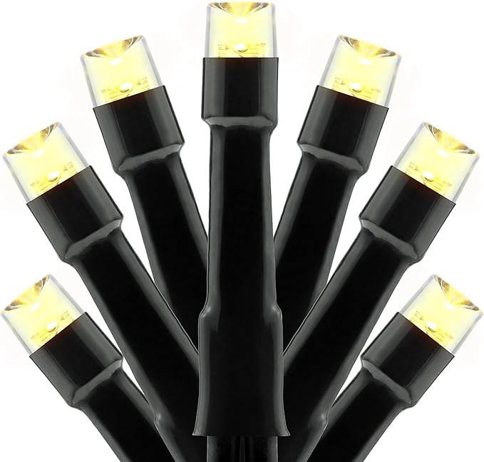 YULETIME 300 Warm White String Lights, 100 ft 8 Models Black Wire 5mm LED | Wide Angle Bulbs, Safe 29V Adapter, Multimode Lighting, Connectable, 100' Total Length, 1-Strand 300 Lights, 4" Spacing