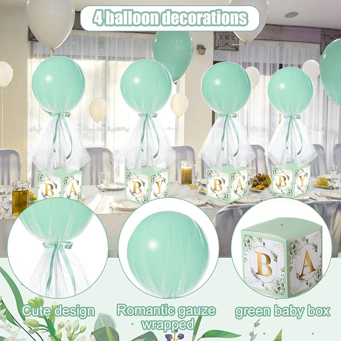 4 Set Sage Green Tulle Tutu Balloon with Letter Boxes Baby Shower Table Centerpieces Decor for Gender Reveal 24'' Balloons White Tulle Cover with Stand, Boxes for Girl Boy Wedding Birthday Party