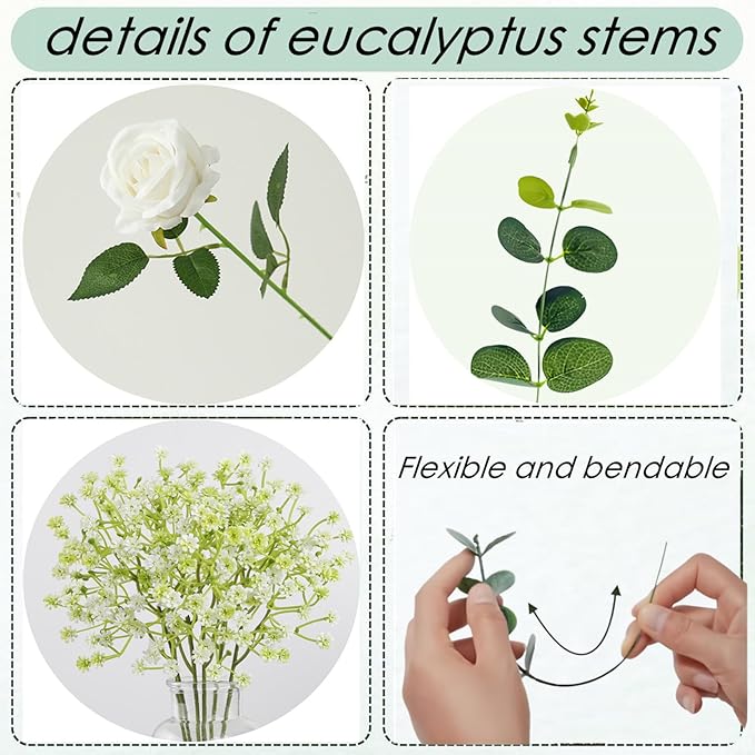Longer Size 60pcs Mixed Artificial Green Plants with Faux Eucalyptus Stems,Greenery Stems,White Roses Wedding Florals Artificial Flowers,Eucalyptus Garland for Decor