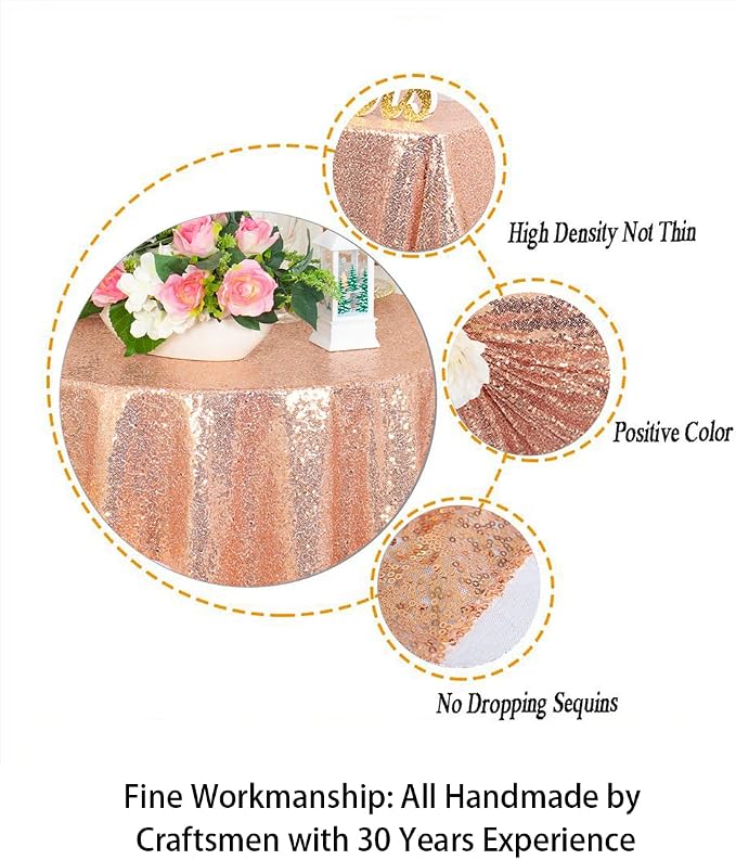 ShiDianYi Sequin Tablecloth Round 72-Inch Rose Gold Table Cloths Glitter Sequence Tablecloths Overlay Rose Gold Round Table Cover for Wedding/Birthday Cake Tables Decor