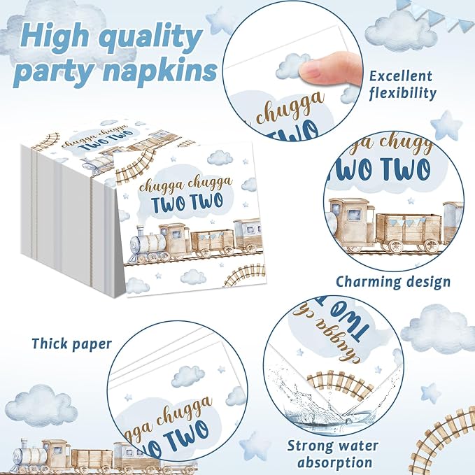 96Pcs Chugga Chugga Two Two Birthday Party Supplies Watercolor Train 2nd Year Old Paper Plates and Napkins Choo Choo I'm 2 Tableware Disposable Dessert Dinnerware Set for Birthday Decor for 24 Guests