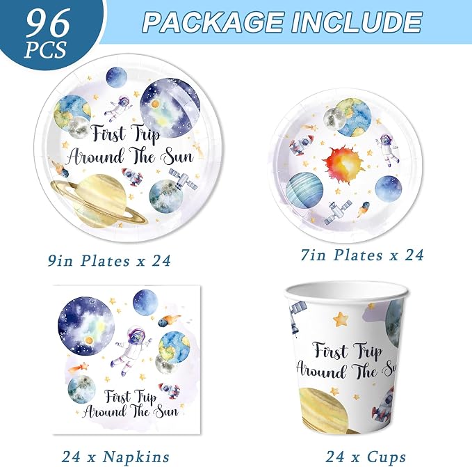96 PCS First Trip Around The Sun Decorations,Outer Space Party Decorations 1st Birthday Party Supplies Plates Napkins Cups Set,Space Theme First Birthday Party Decorations for Boy Girl