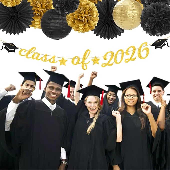 Black-Gold 2026 Class-Congratulations Graduation Party-Decorations - 22pcs High School College Grad Prom Supplies Decor, Tissue Pom Poms Streamers, Paper Flowers Lanterns Hugmoon