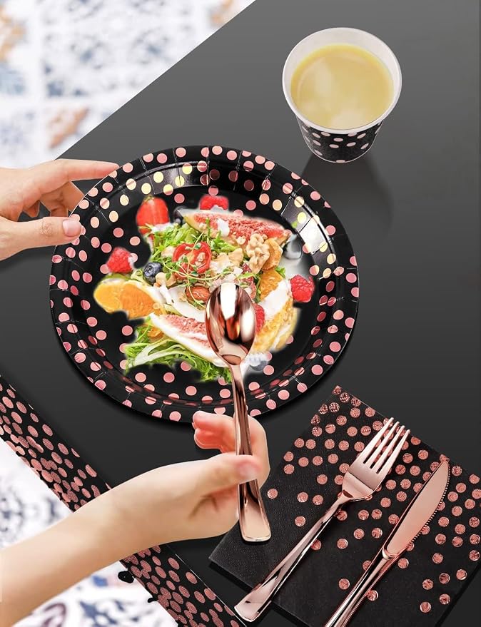 Nkaiso 141 Pieces Black and Rose Gold Party Supplies, Disposable Party Decorations Sets Include Paper Plates Napkins Cups, Plastic Forks Knives Spoons, for Baby Shower Birthday Wedding -20 Guests