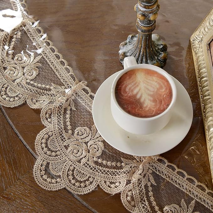 ARTABLE Vinyl PVC Rectangle Tablecloth Waterproof Clear Table Cover with Champagne Lace Macrame Border for Wedding Kitchen Home Outdoor Indoor Holidays Party Decor (Champagne, 60'' (Round))