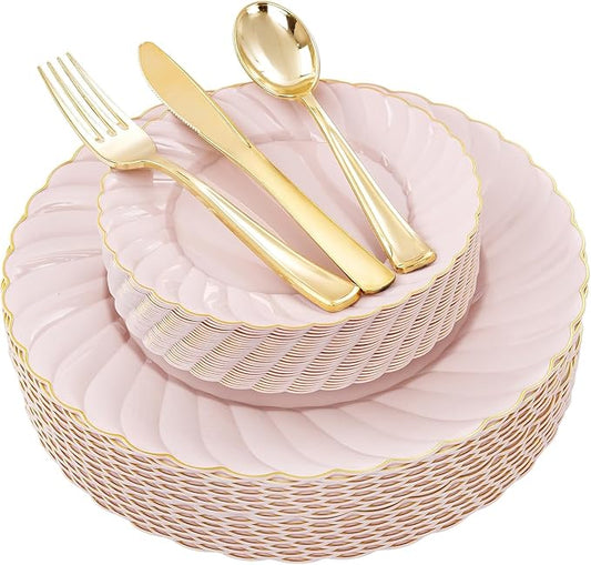 YOUBET 125Pcs Pink Plastic Plates with Gold Rim - Scalloped Plastic Plates Set Includes 25 Dinner, 25 Dessert Plate, 75 Gold Silverware for 25 Guests for Wedding Birthday Baby Shower Mothers Day