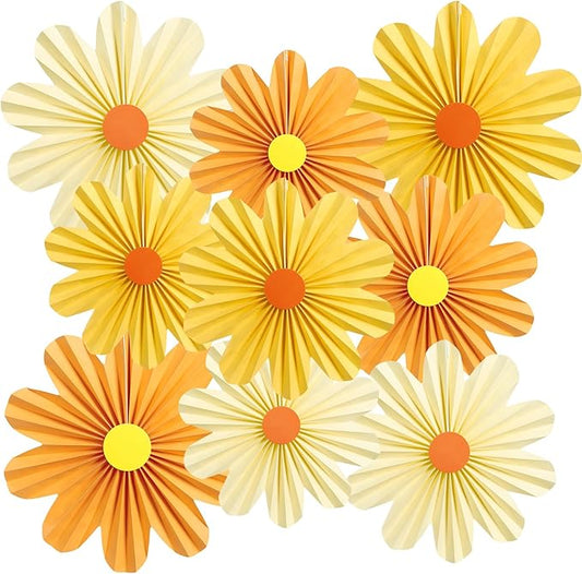 SUNBEAUTY Orange Paper Flowers Decorations for Wall Paper Fans Daisy Decoration for Women Birthday Spring Easter Wedding Garden Tea Party Baby Shower Decor Set of 9
