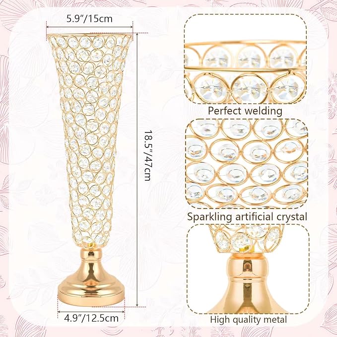 2-Pack 18.5" Tall Gold Vases, Engraved Crystal Trumpet Vase, Gorgeous Centerpiece Flower Stand | Artificial Flower Arrangement for Weddings, Anniversaries | Home & Party Decor Display