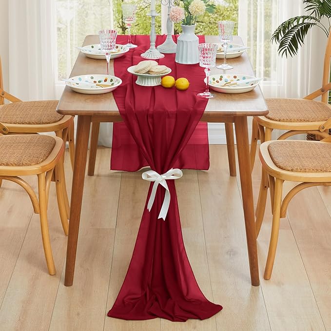Horbaunal Burgundy Chiffon Table Runners 10FT Sheer Chiffon Runner 29x120 Inches Romantic Boho Rustic Table Runner for Wedding Party Bridal Baby Shower Table Decorations